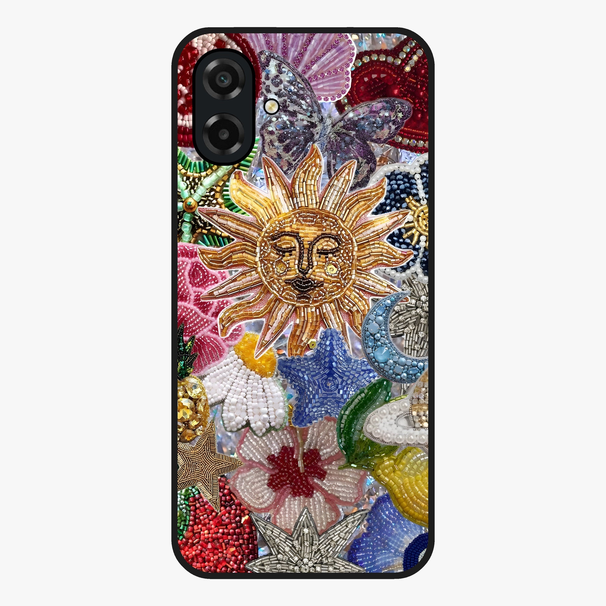 Celestial Floral and Playful Glass Case showing flat back view with floral and celestial themed artwork and glossy glass finish.