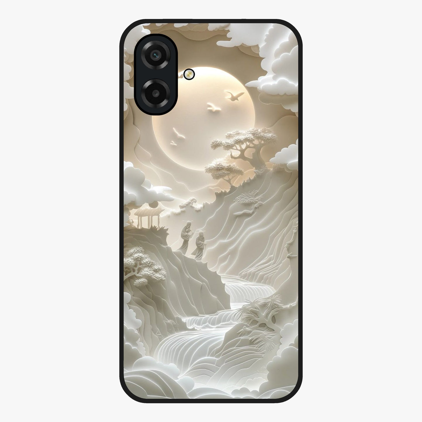 Celestial Origami Glass Case showing flat back view with artistic origami inspired celestial artwork and glossy glass finish.