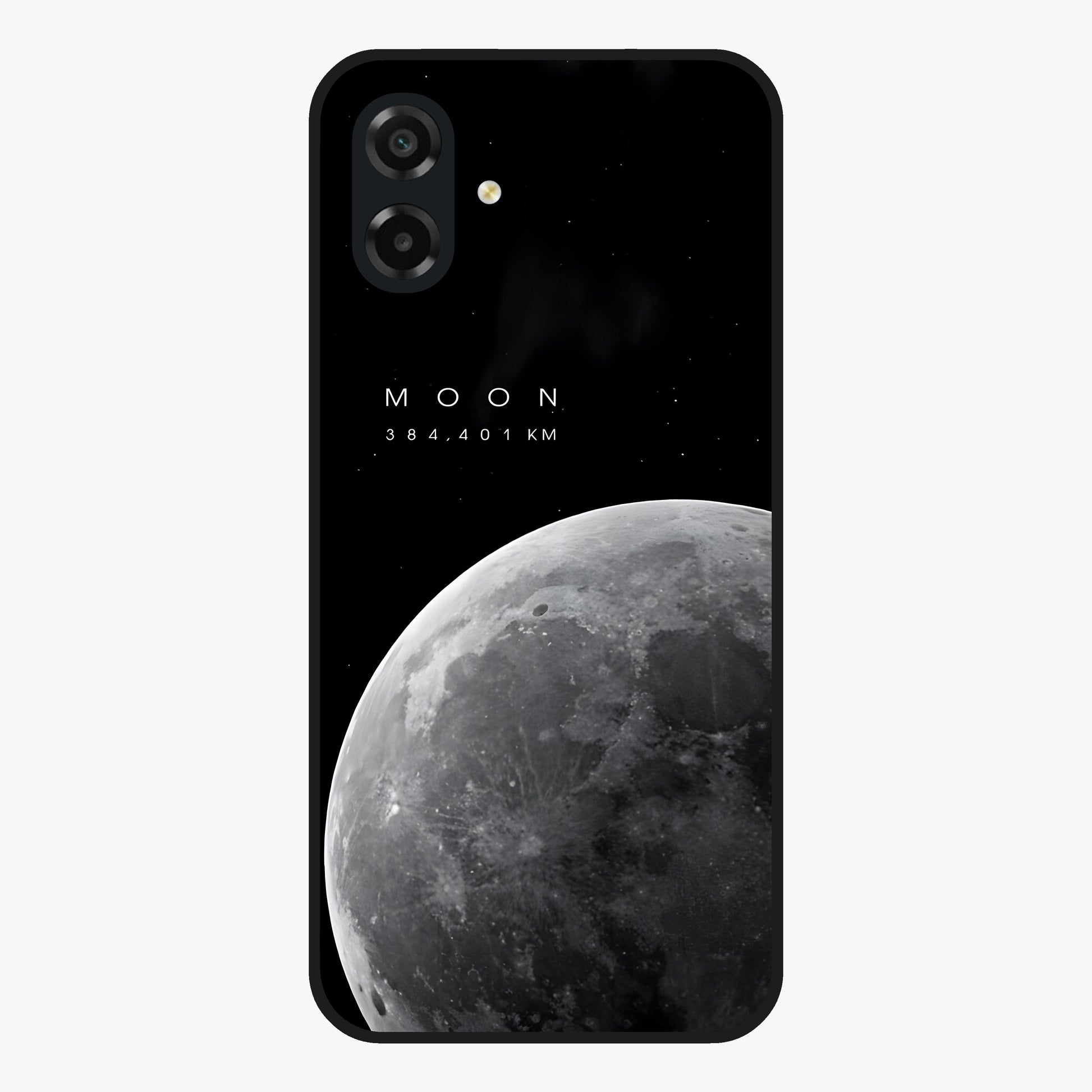 Cosmic Moon Glow Glass Case showing flat back view with glowing moon artwork and glossy glass finish.