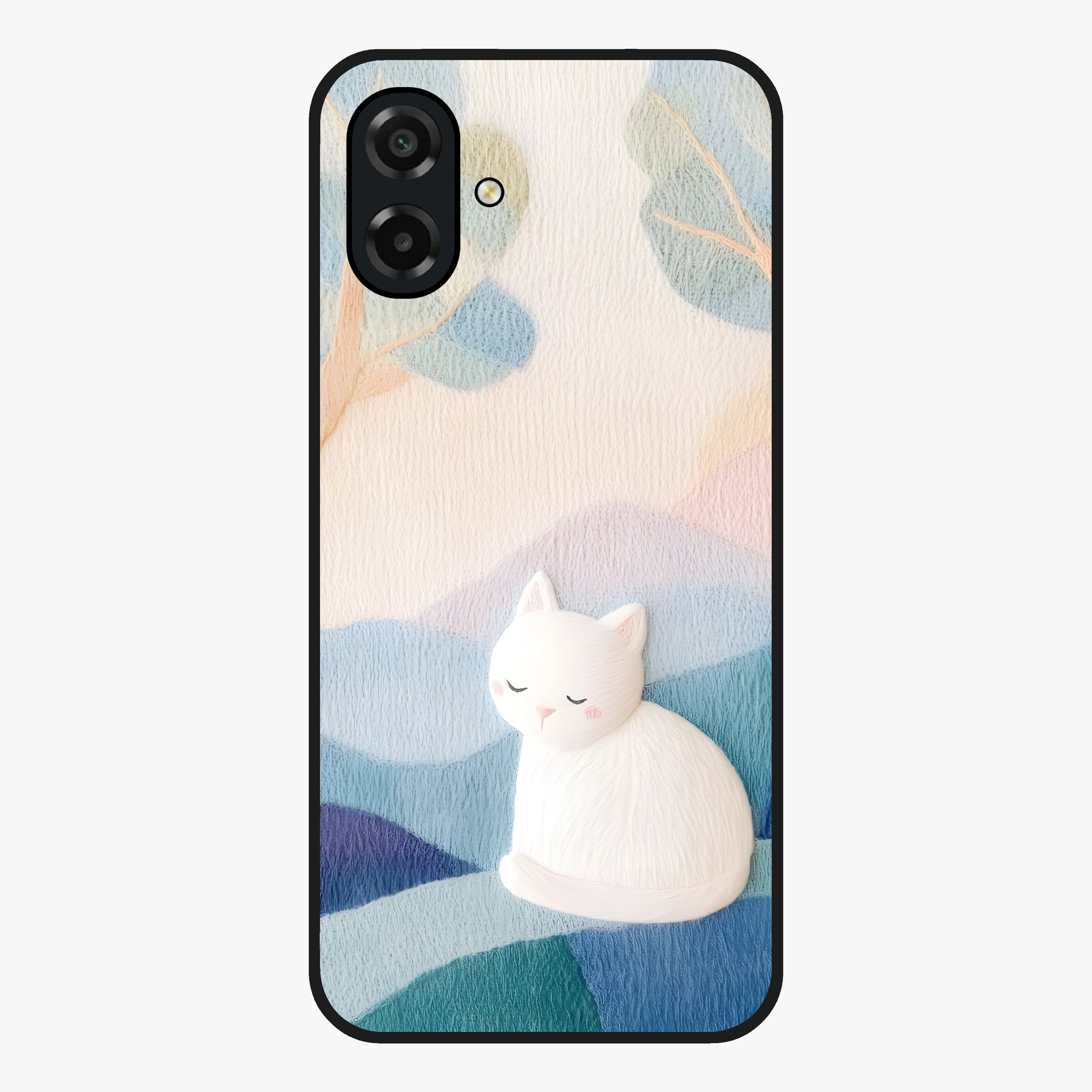 Cotton Dream Cat Glass Case showing flat back view with soft dreamy cat artwork and glossy glass finish.
