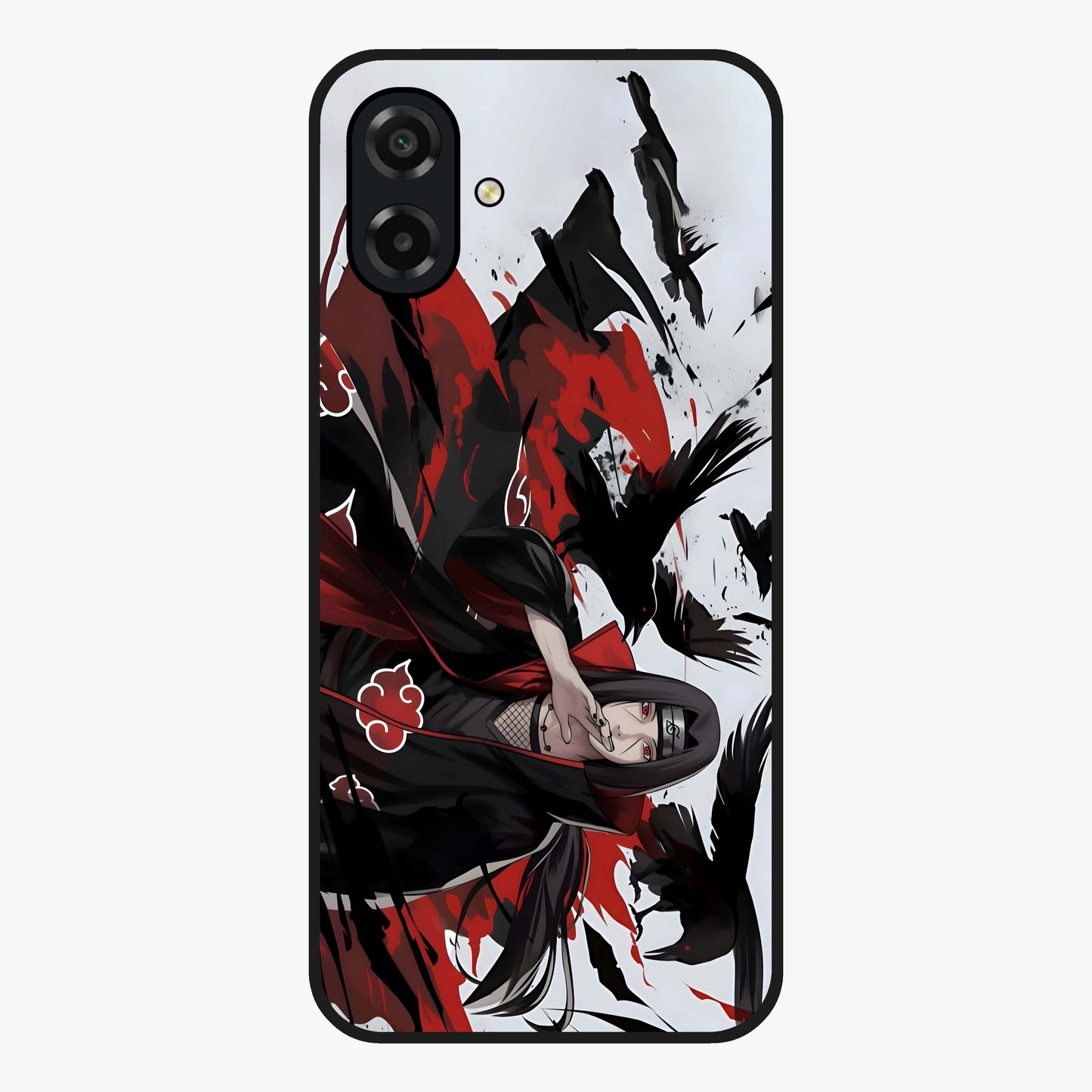 Crimson Crow Illusion Glass Case showing flat back view with artistic crow illusion artwork and glossy glass finish.