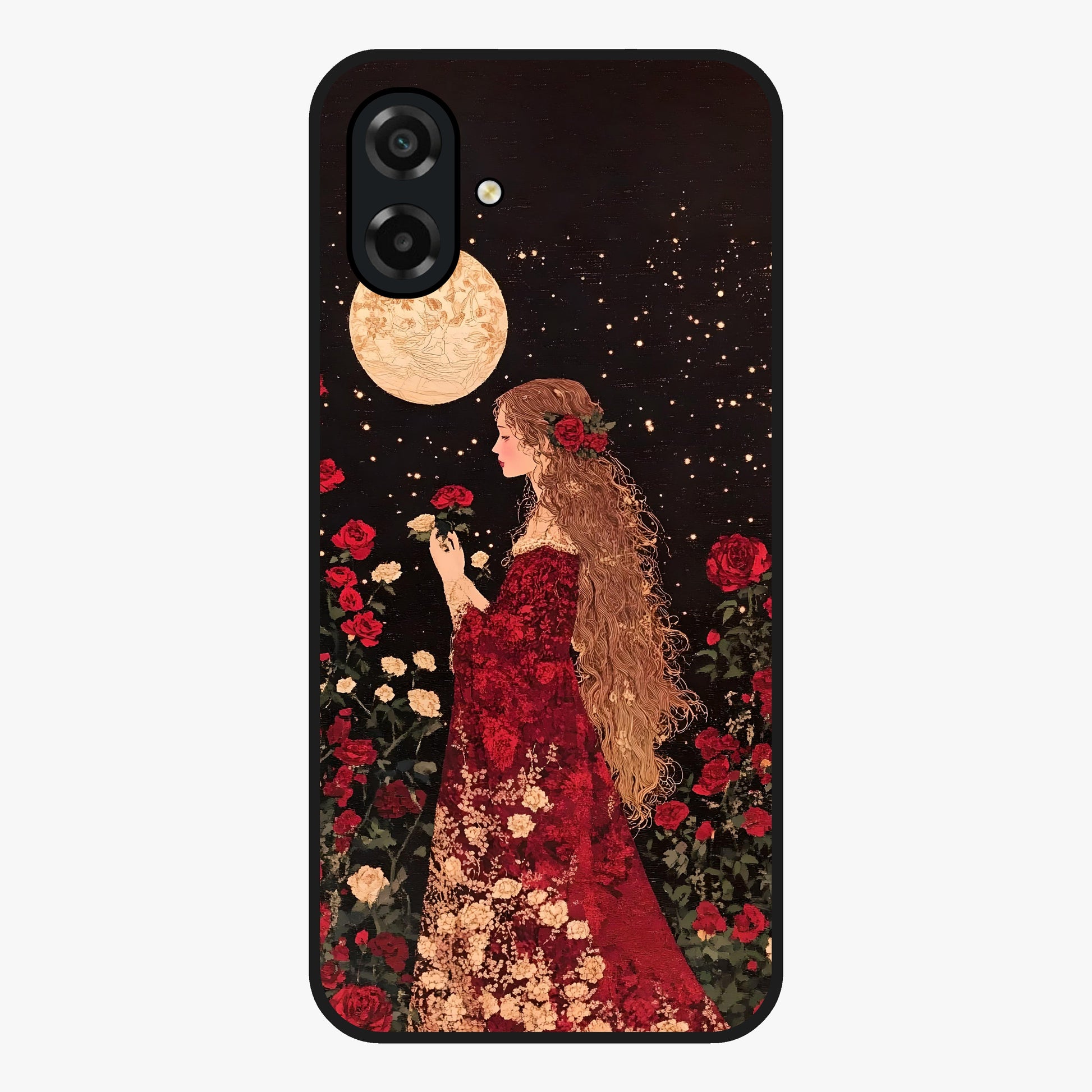 Crimson Dreams Glass Case showing flat back view with dreamy crimson artwork and glossy glass finish.