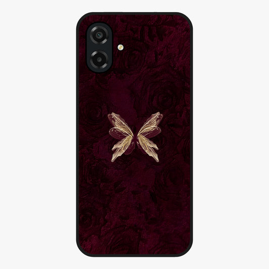 Crimson Fade Butterfly Glass Case showing flat back view with fading butterfly artwork and glossy glass finish.