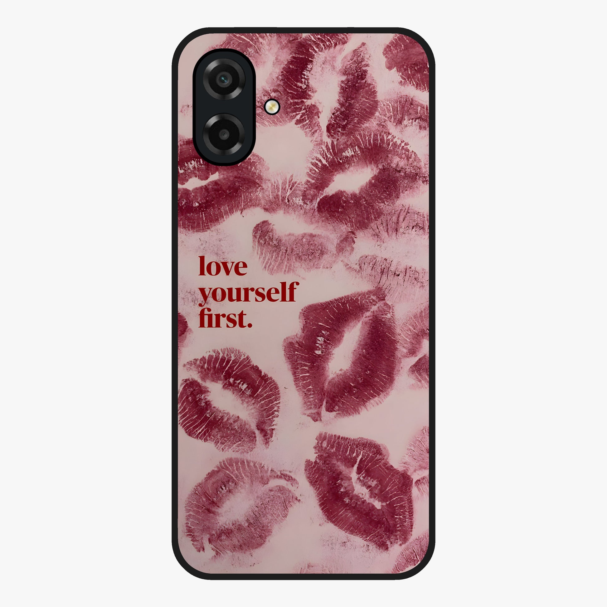 Crimson Kiss Love Glass Case showing flat back view with romantic crimson themed artwork and glossy glass finish.