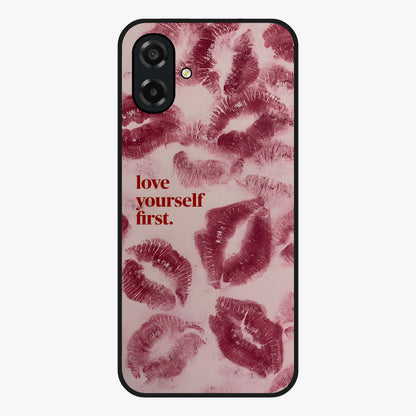Crimson Kiss Love Glass Case showing flat back view with romantic crimson themed artwork and glossy glass finish.