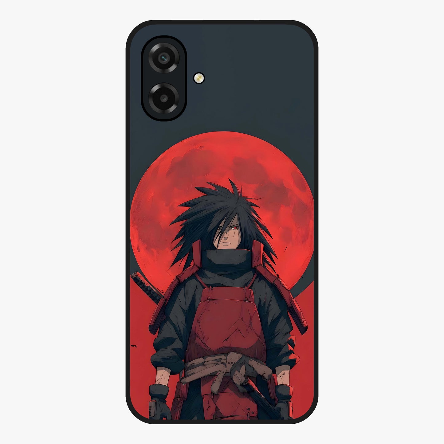 Crimson Moon Warlord Glass Case showing flat back view with mystical moon warrior artwork and glossy glass finish.