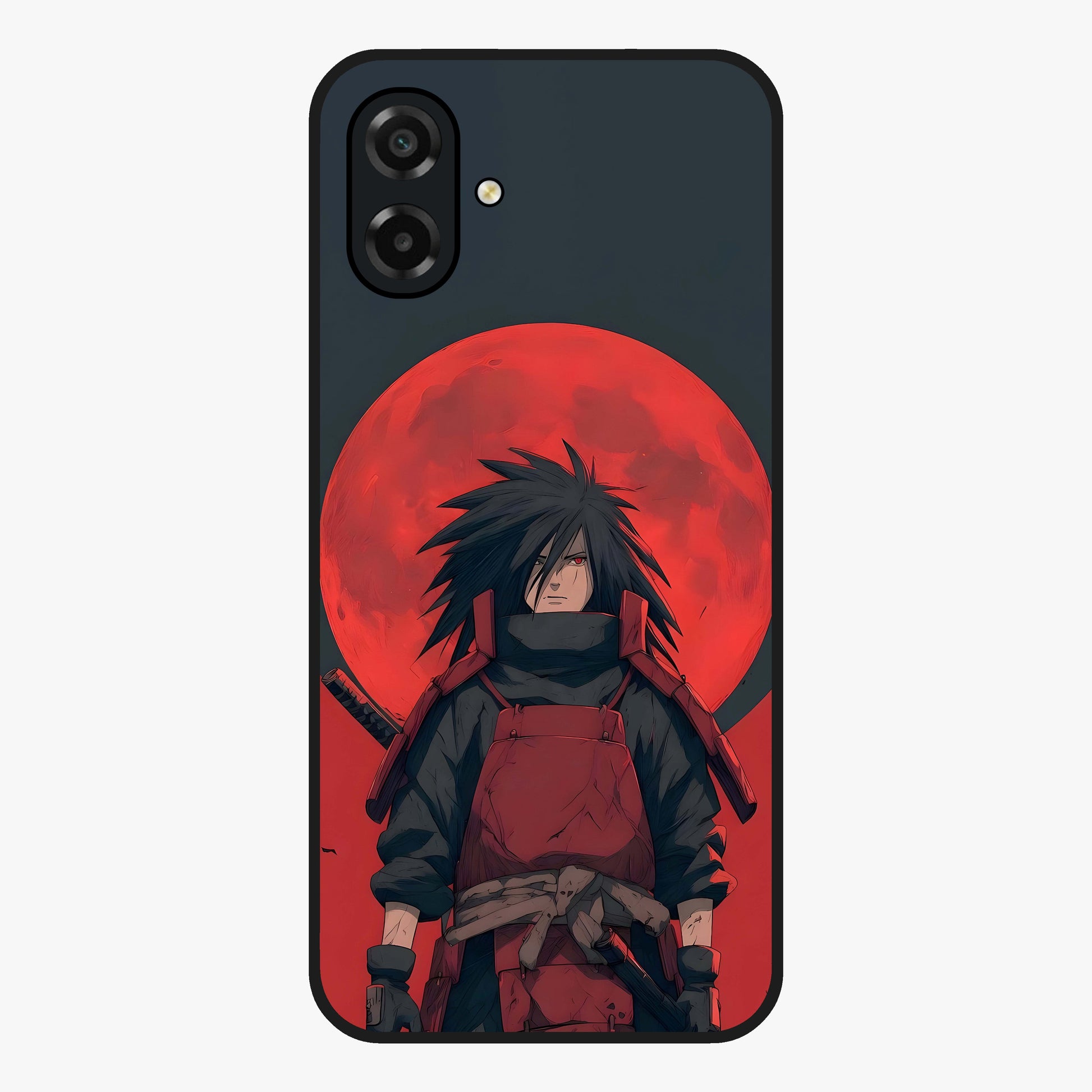 Crimson Moon Warlord Glass Case showing flat back view with mystical moon warrior artwork and glossy glass finish.