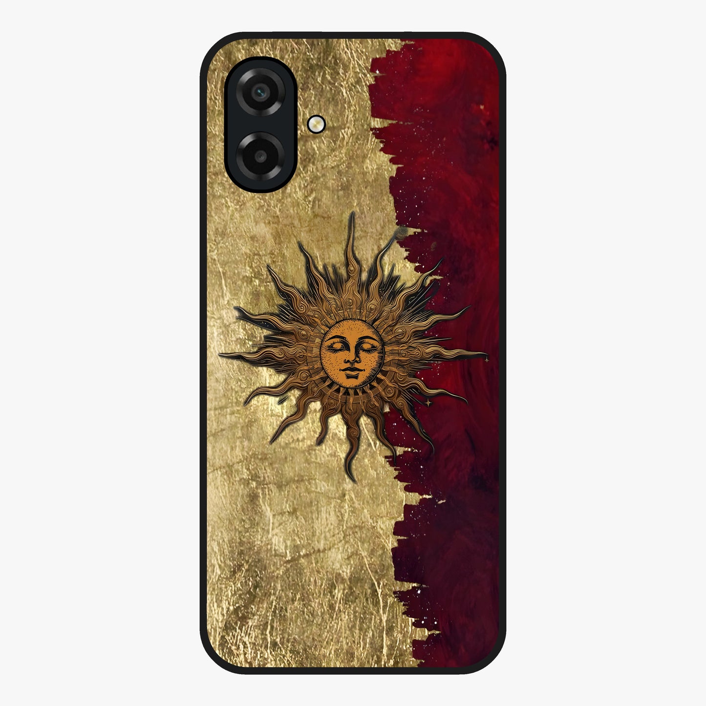 Crimson Sun Majesty Glass Case showing flat back view with radiant sun inspired artwork and glossy glass finish.