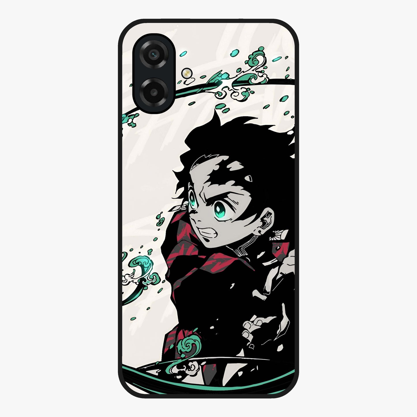 Demon Slayer Glass Case showing flat back view with bold anime inspired artwork and glossy glass finish.