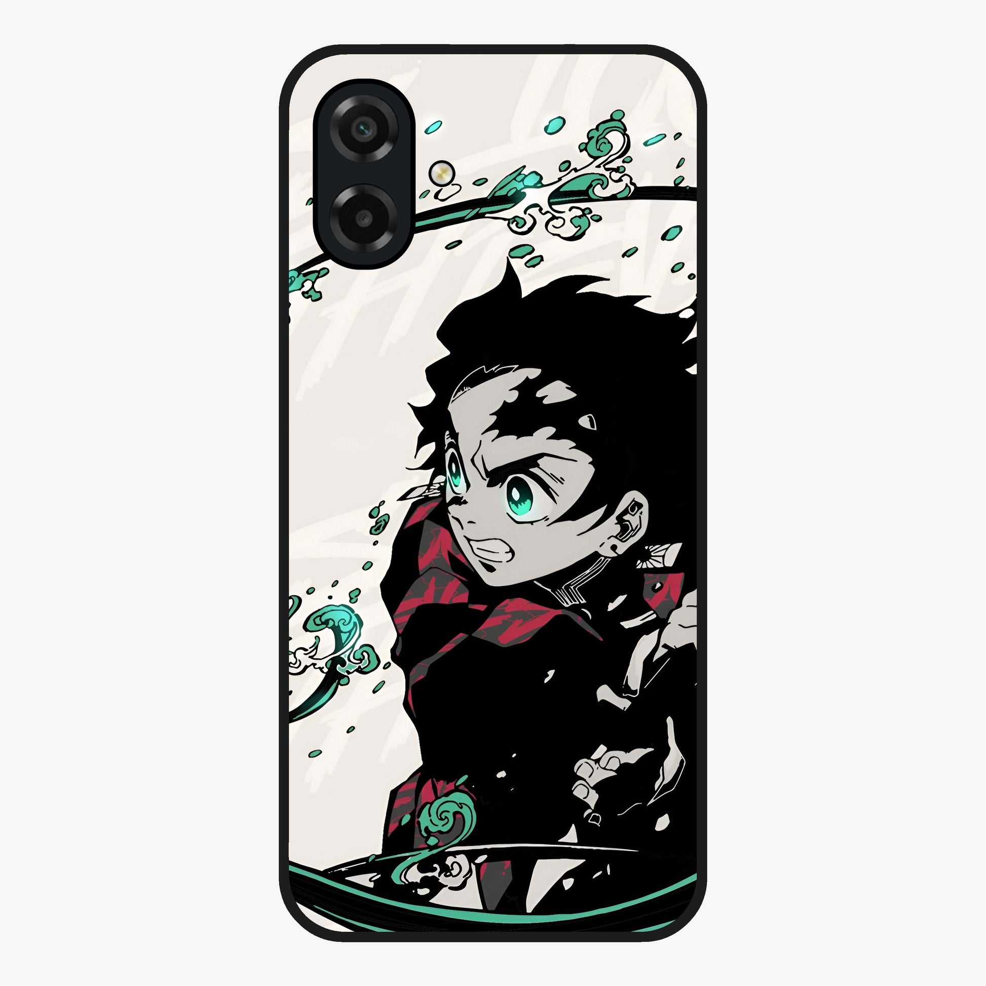 Demon Slayer Glass Case showing flat back view with bold anime inspired artwork and glossy glass finish.