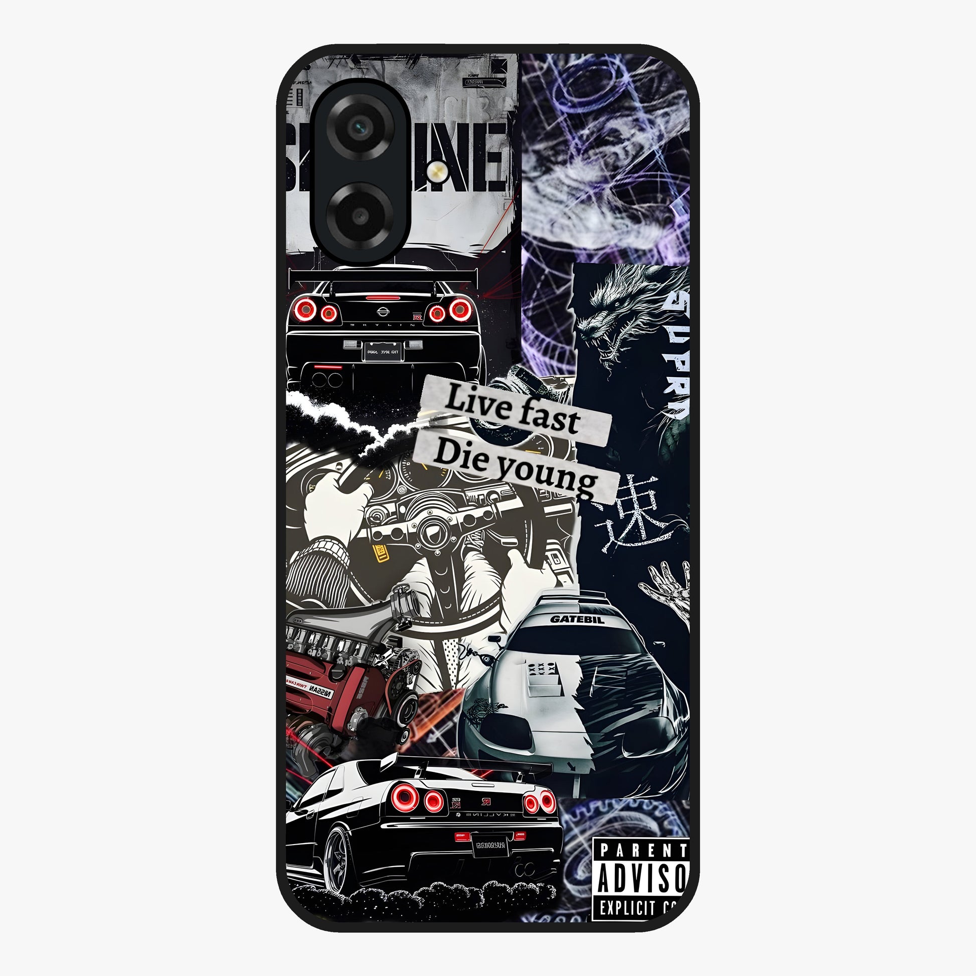 Die Young Glass Case showing flat back view with bold artistic typography design and glossy glass finish.