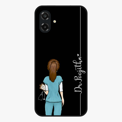 Doctor Pattern Custom Name Glass Case showing flat back view with medical themed pattern and personalized name design.