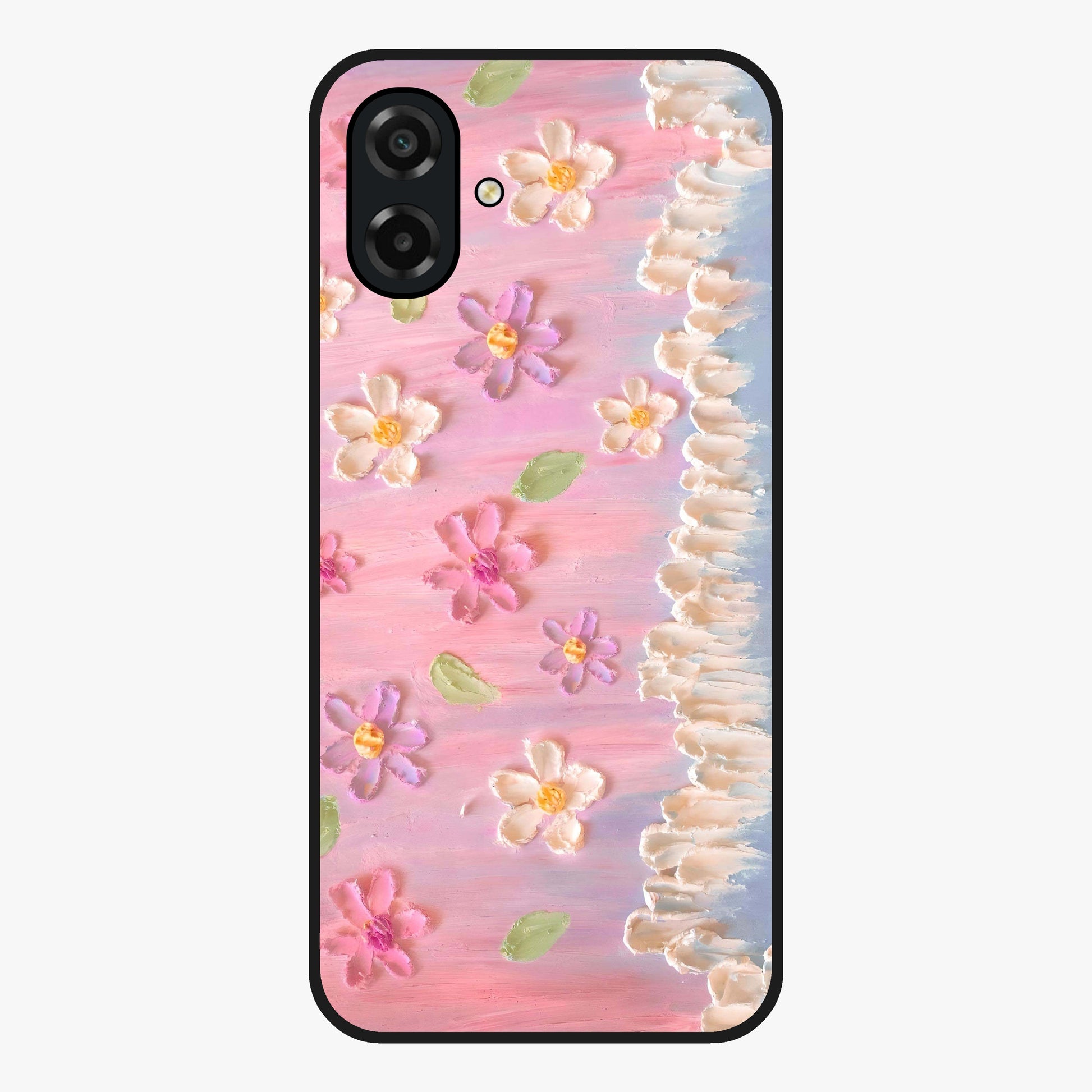 Dreamy Painted Garden Glass Case showing flat back view with artistic painted floral garden artwork and glossy glass finish.