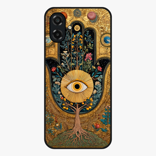 Ethereal Evil Eye Glass Case showing flat back view with mystical evil eye artwork and glossy glass finish.