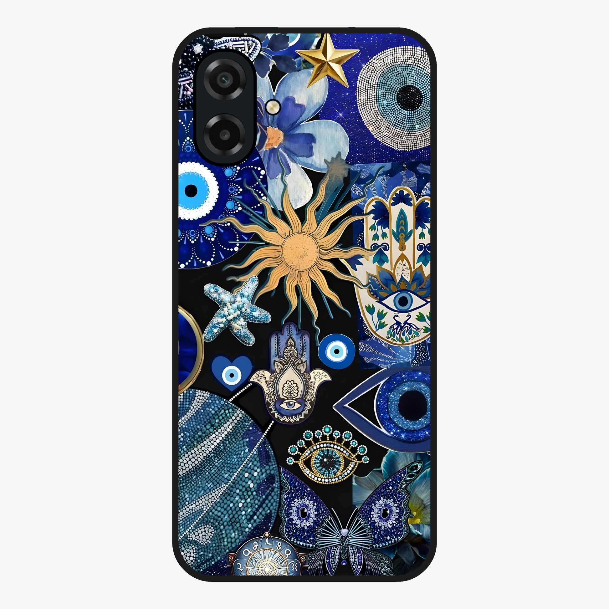Evil Eye Charm Mix Glass Case showing flat back view with multiple evil eye charms artwork and glossy glass finish.