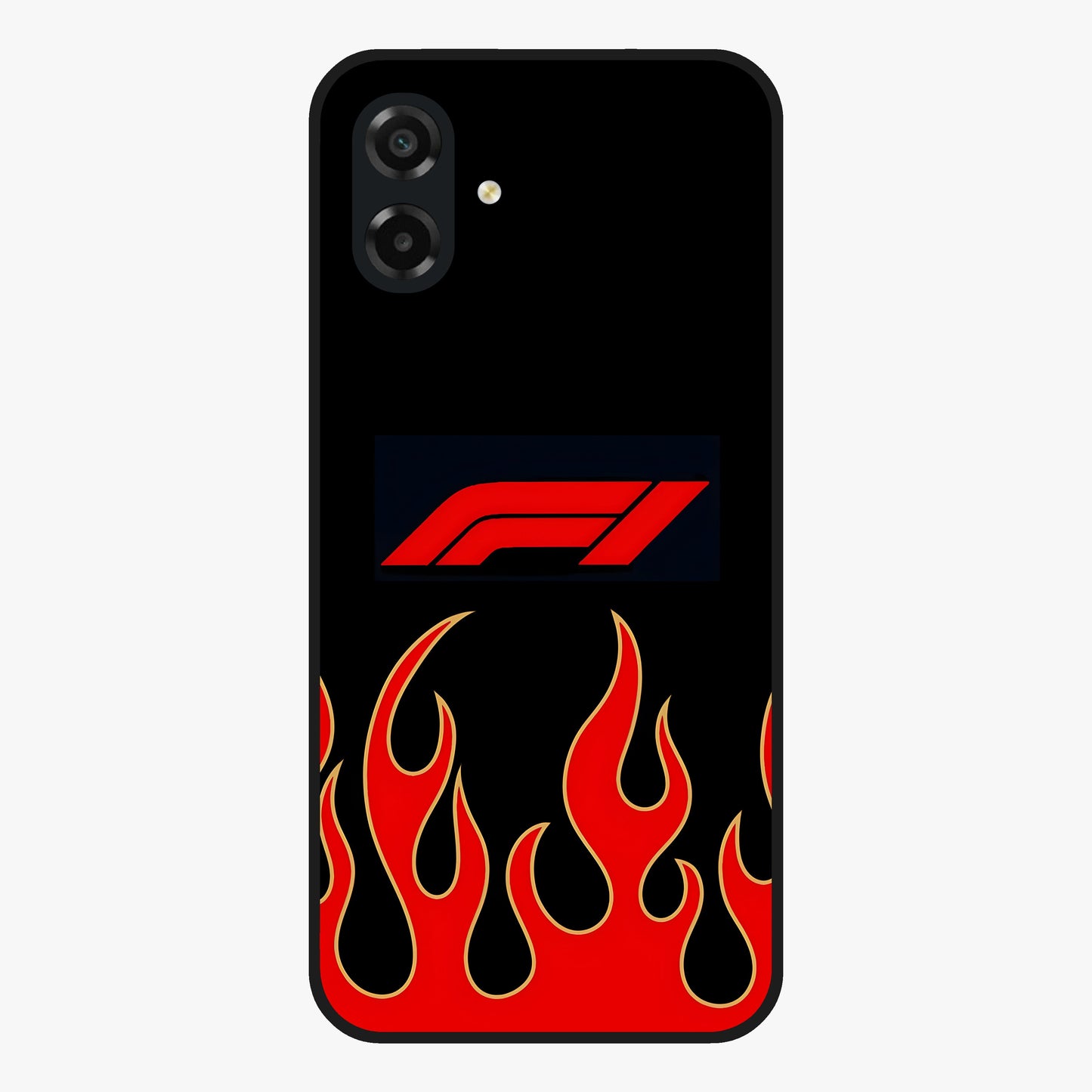 Fire F11 Glass Case showing flat back view with fiery themed artwork and glossy glass finish.