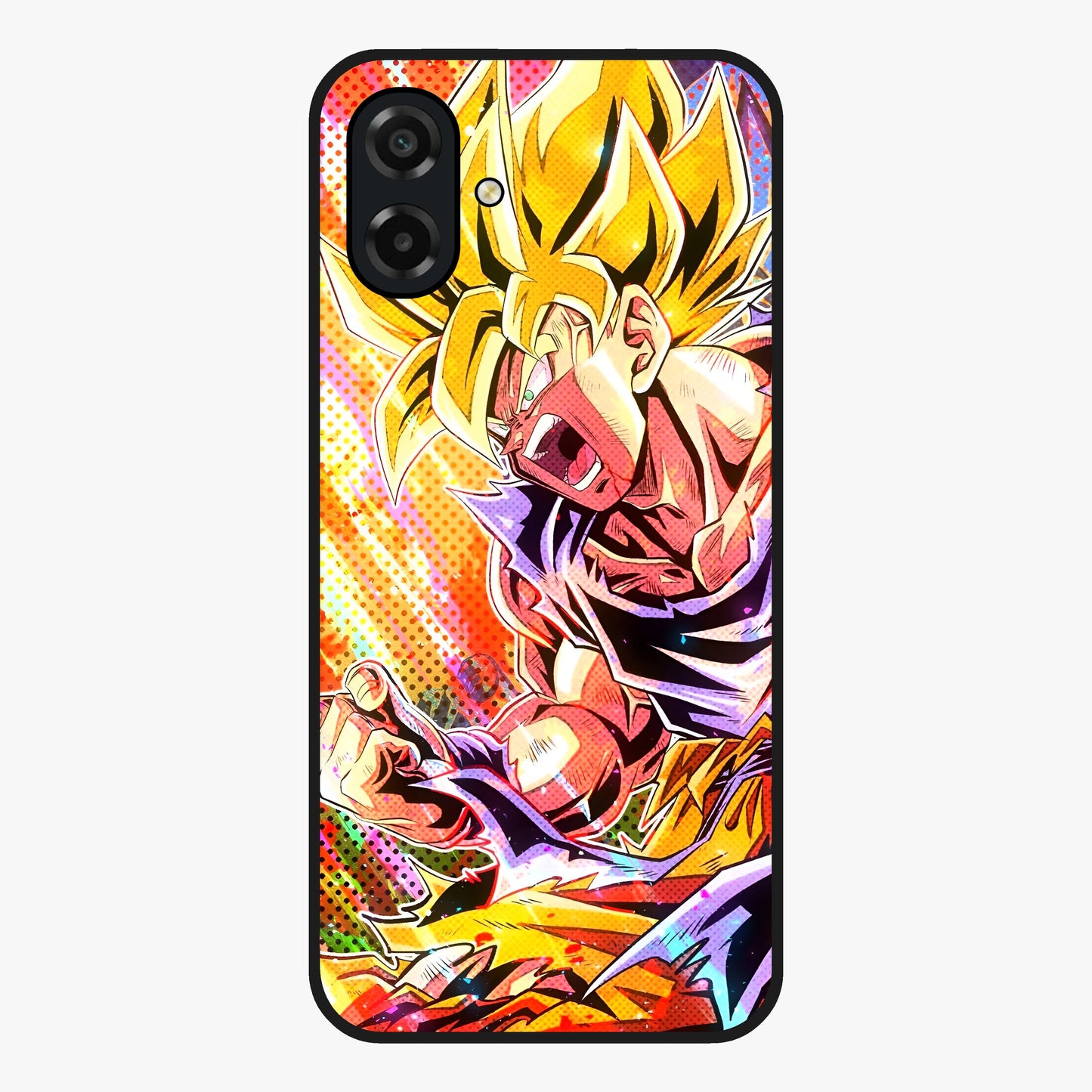 Firing Goku Glass Case showing flat back view with powerful anime inspired artwork and glossy glass finish.