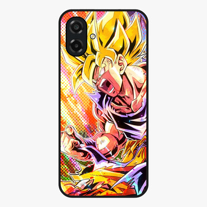 Firing Goku Glass Case showing flat back view with powerful anime inspired artwork and glossy glass finish.