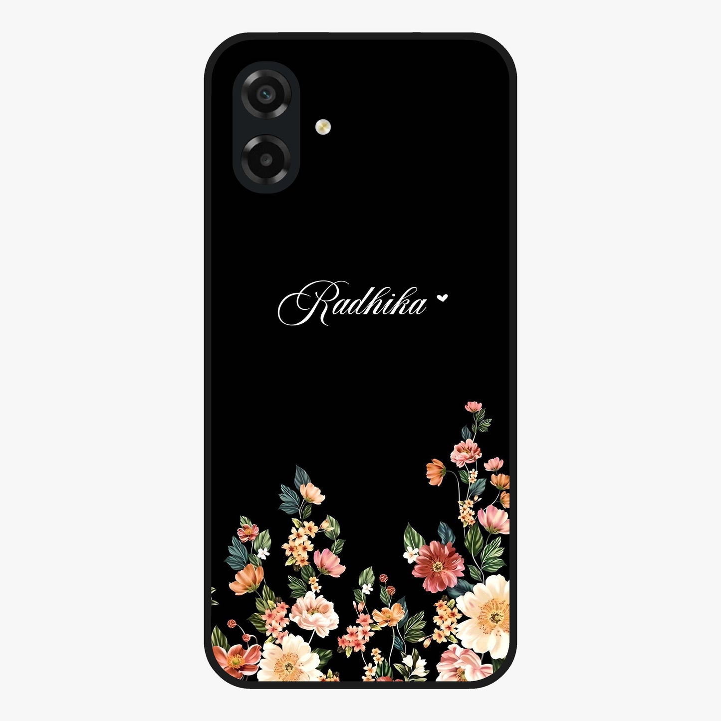 Floral Design With a Custom Personalized Name Glass Case showing flat back view with floral artwork and personalized name design.