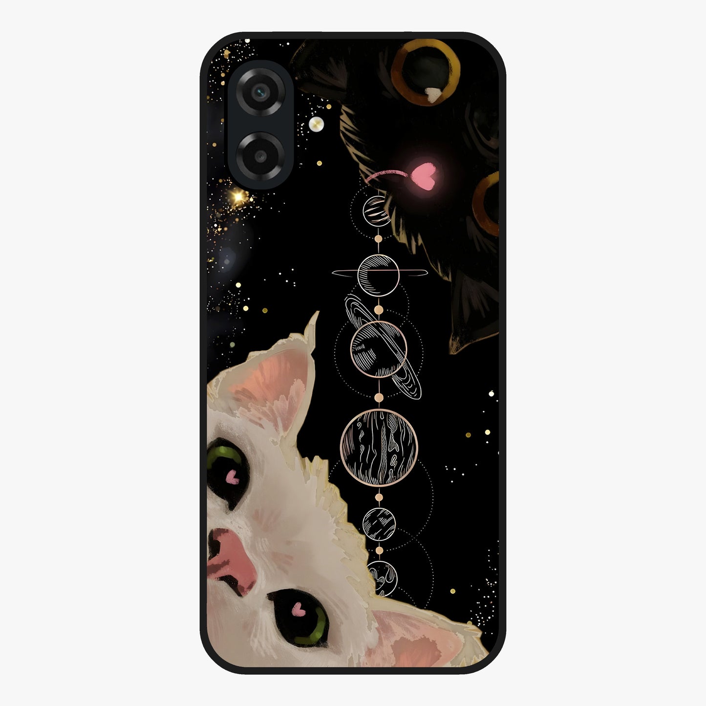 Galactic Cat Glass Case showing flat back view with cosmic cat artwork and glossy glass finish.