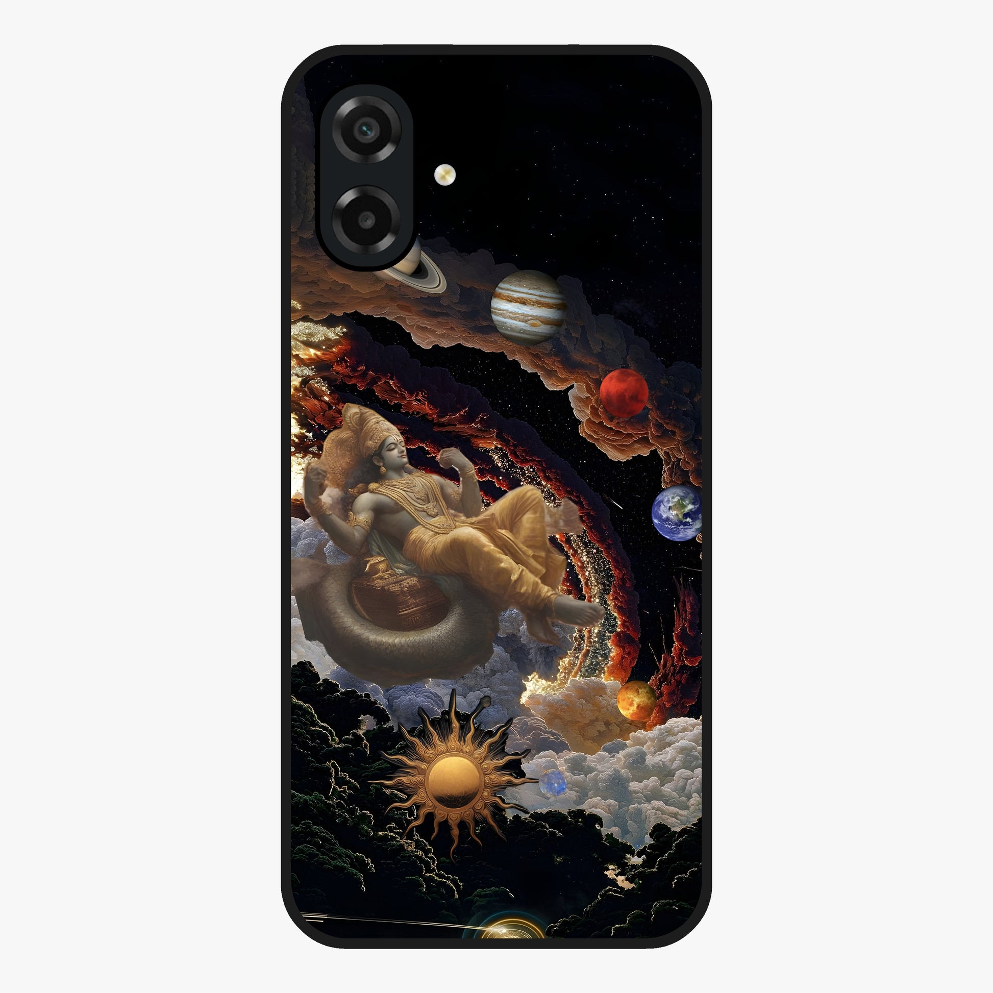 Galactic Divine God Glass Case showing flat back view with divine cosmic themed artwork and glossy glass finish.
