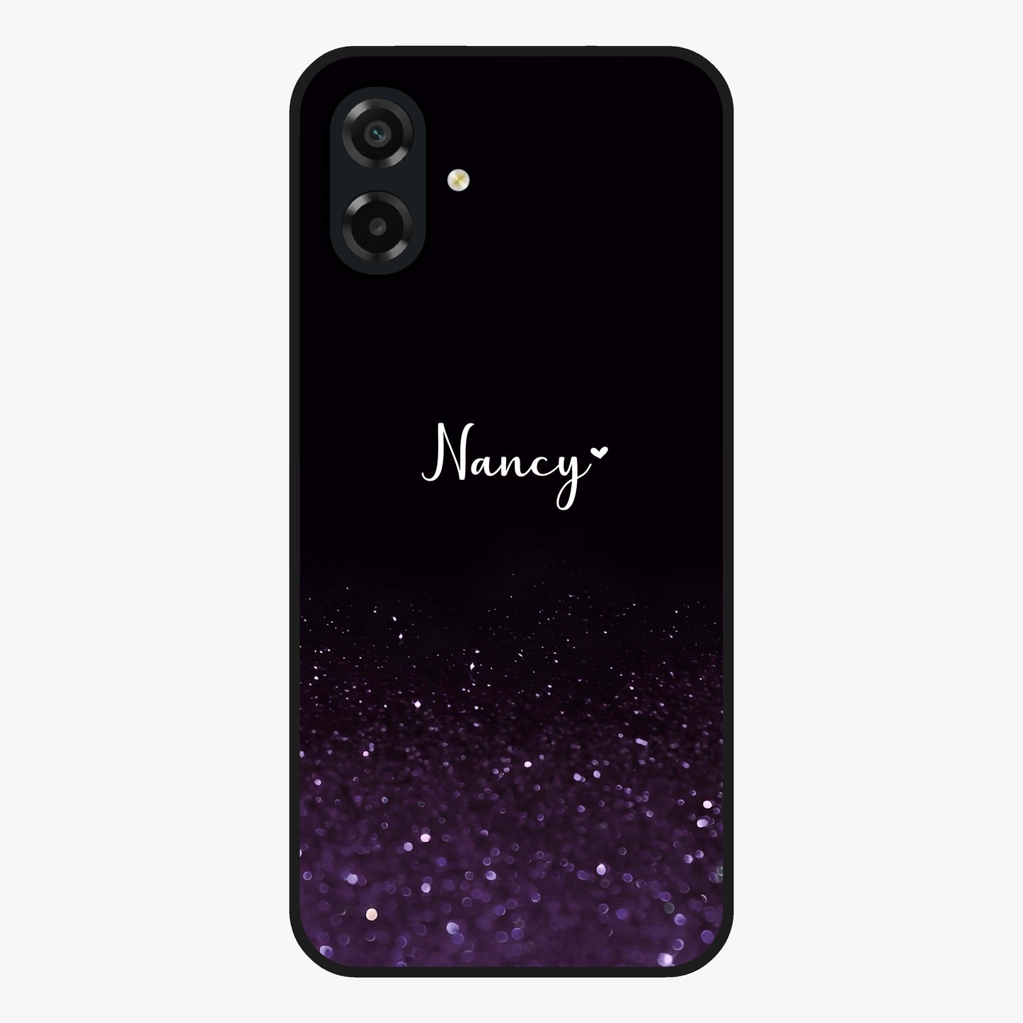 Glittery Purple Bokeh Custom Name Glass Case showing flat back view with purple bokeh sparkle artwork and personalized name design.