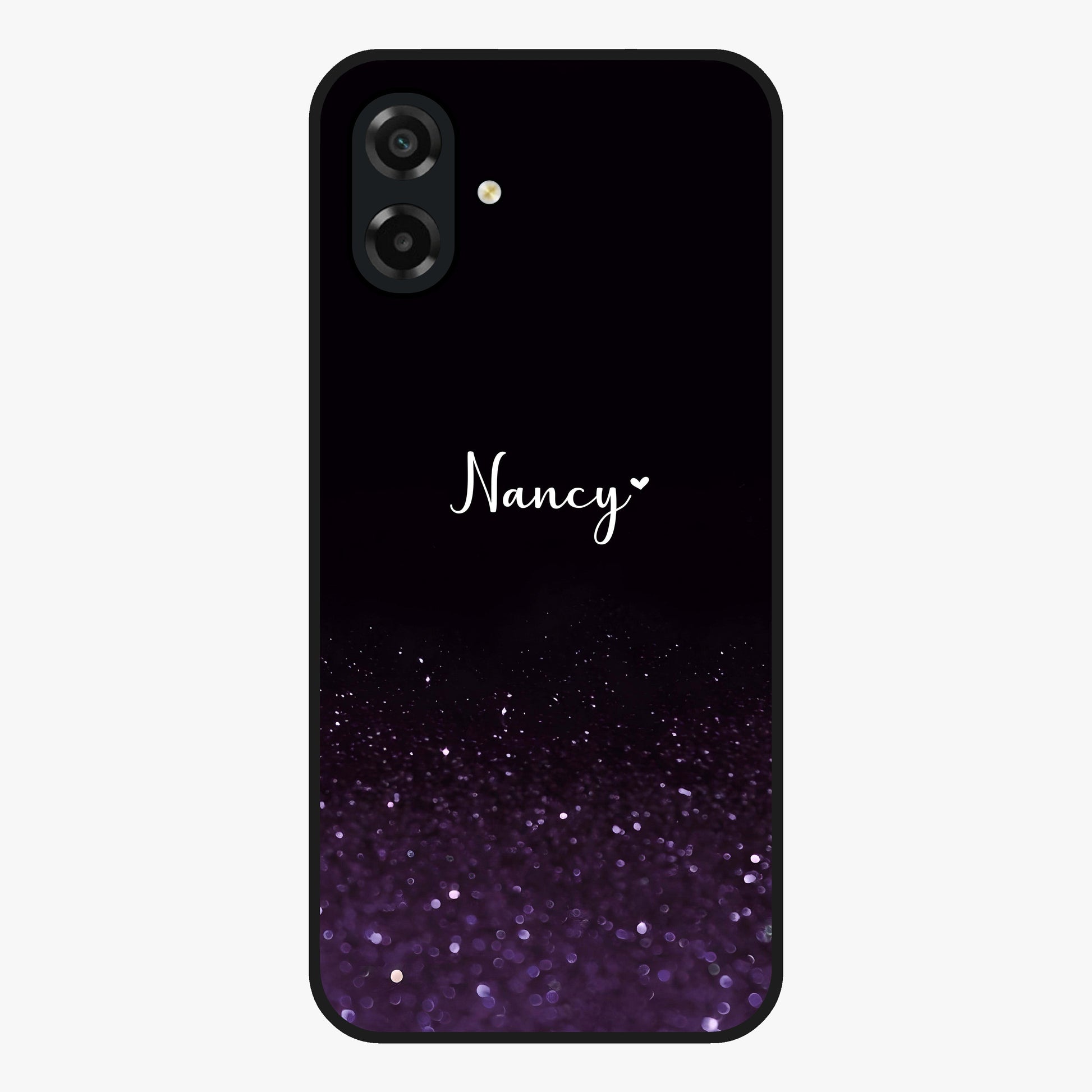 Glittery Purple Bokeh Custom Name Glass Case showing flat back view with purple bokeh sparkle artwork and personalized name design.