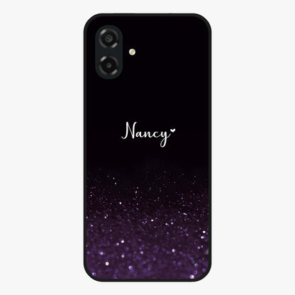 Glittery Purple Bokeh Custom Name Glass Case showing flat back view with purple bokeh sparkle artwork and personalized name design.