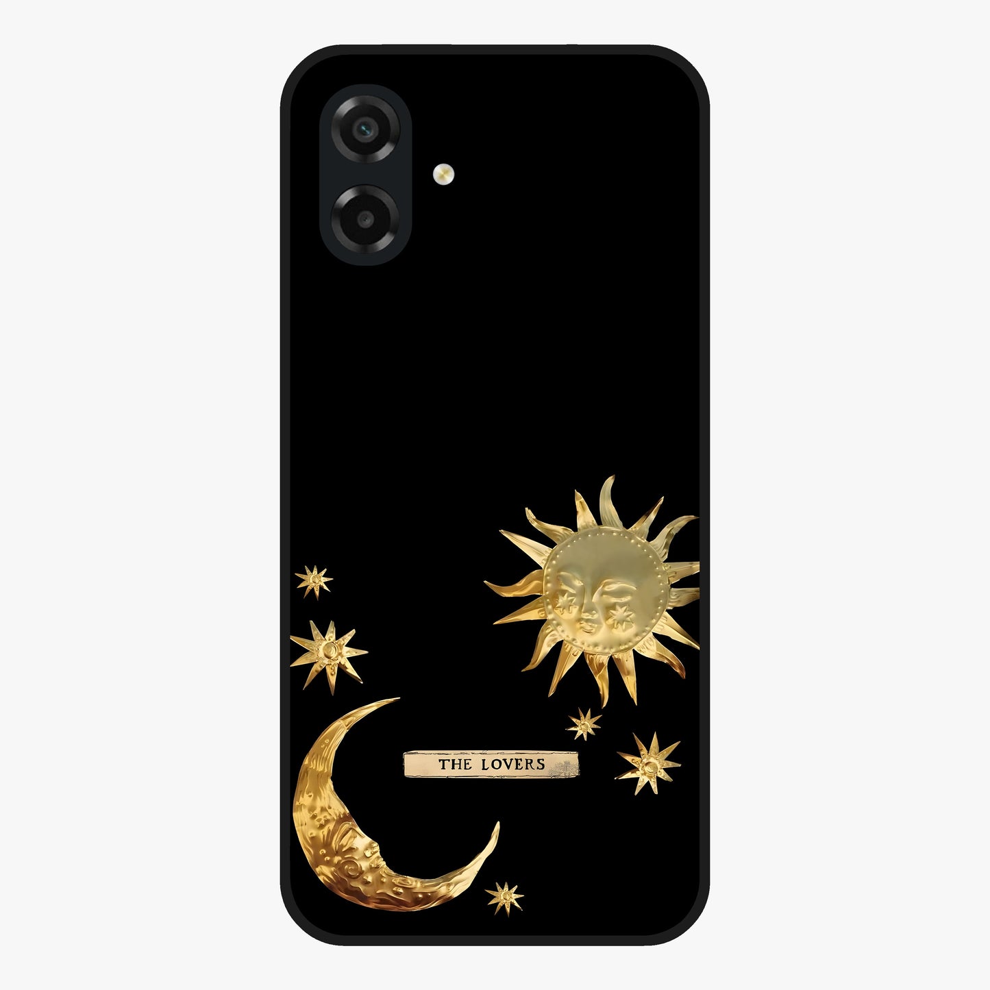 Golden Celestial Charm Glass Case showing flat back view with golden celestial charm artwork and glossy glass finish.