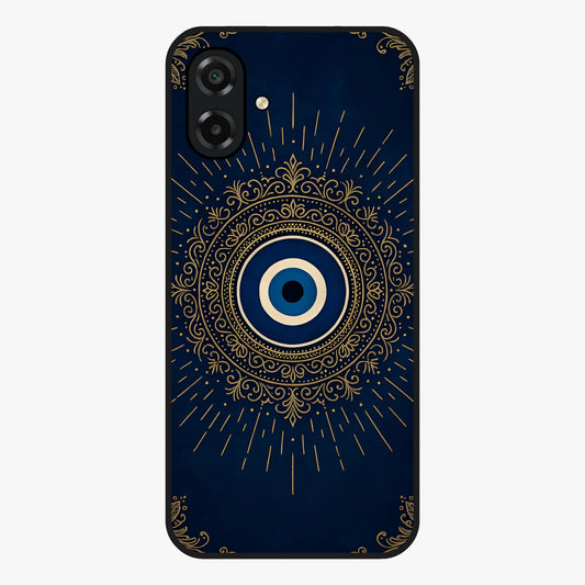 Golden Evil Eye Mandala Glass Case showing flat back view with intricate evil eye mandala artwork and glossy glass finish.