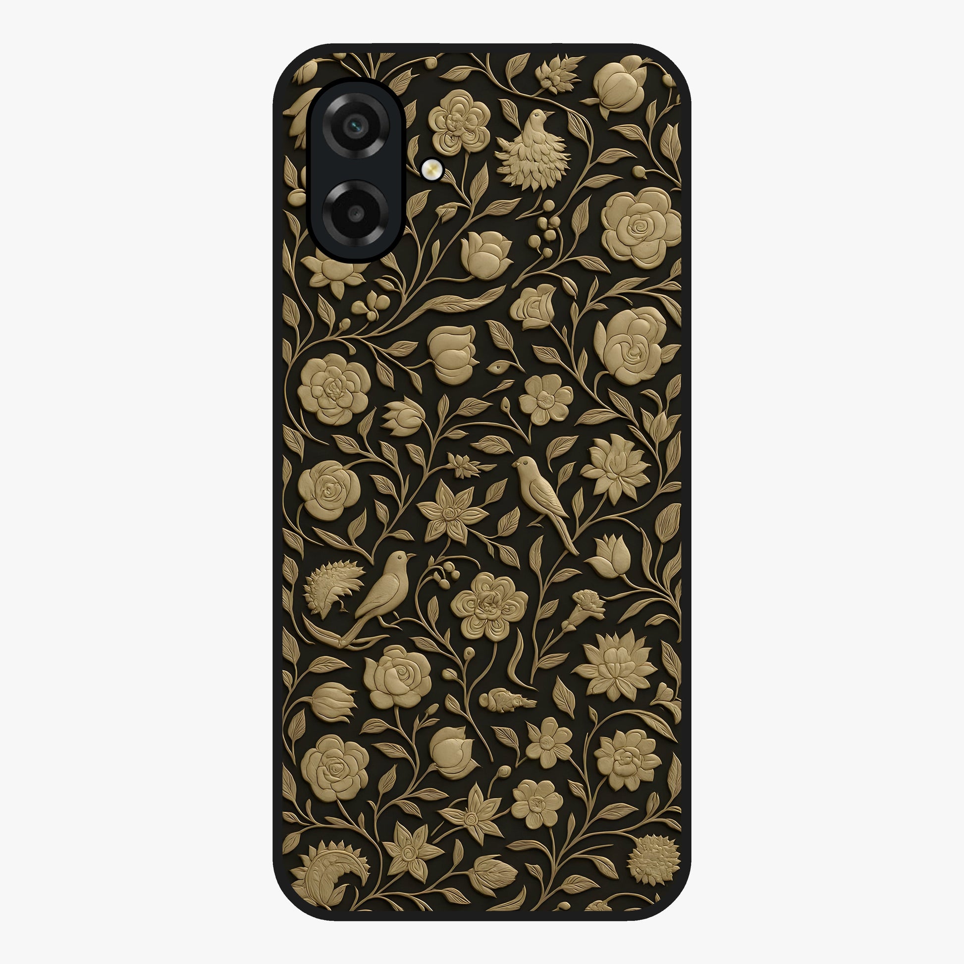Golden Floral Majesty Glass Case showing flat back view with luxurious golden floral artwork and glossy glass finish.