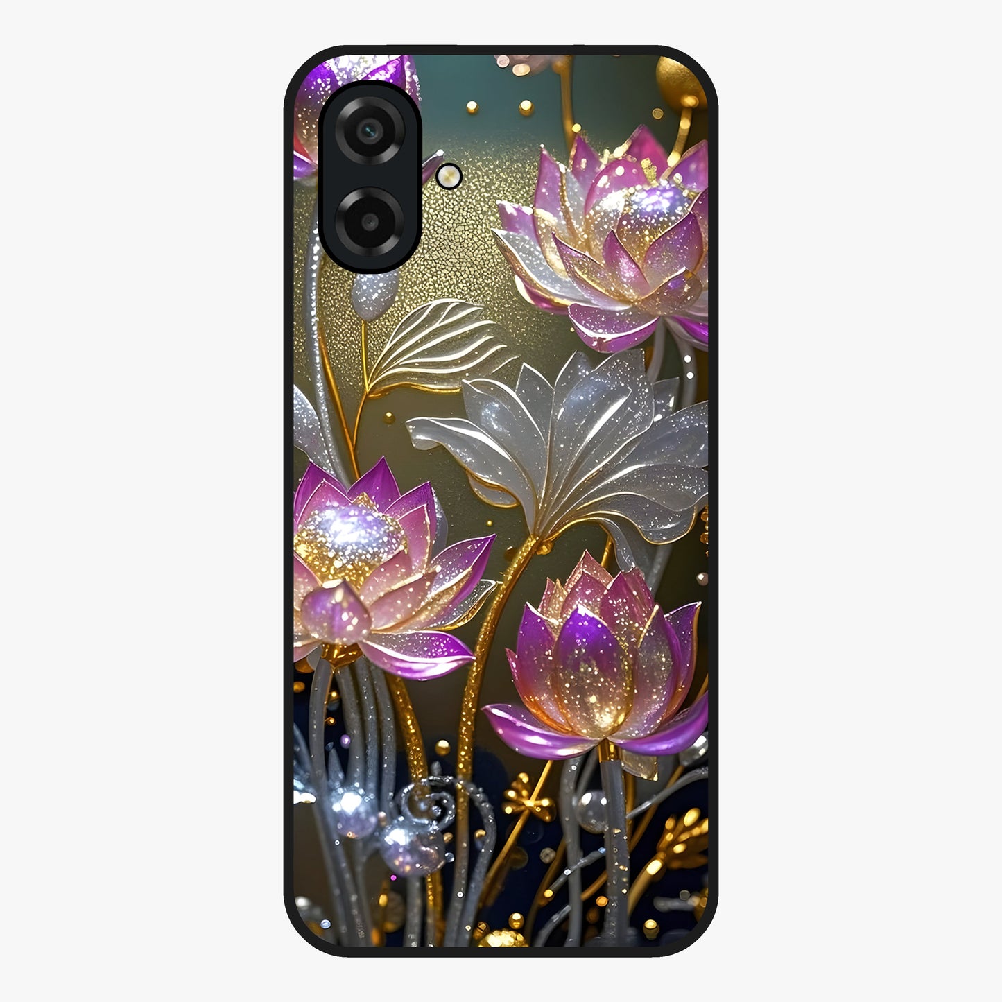Golden Lotus Glow Glass Case showing flat back view with glowing lotus flower artwork and glossy glass finish.