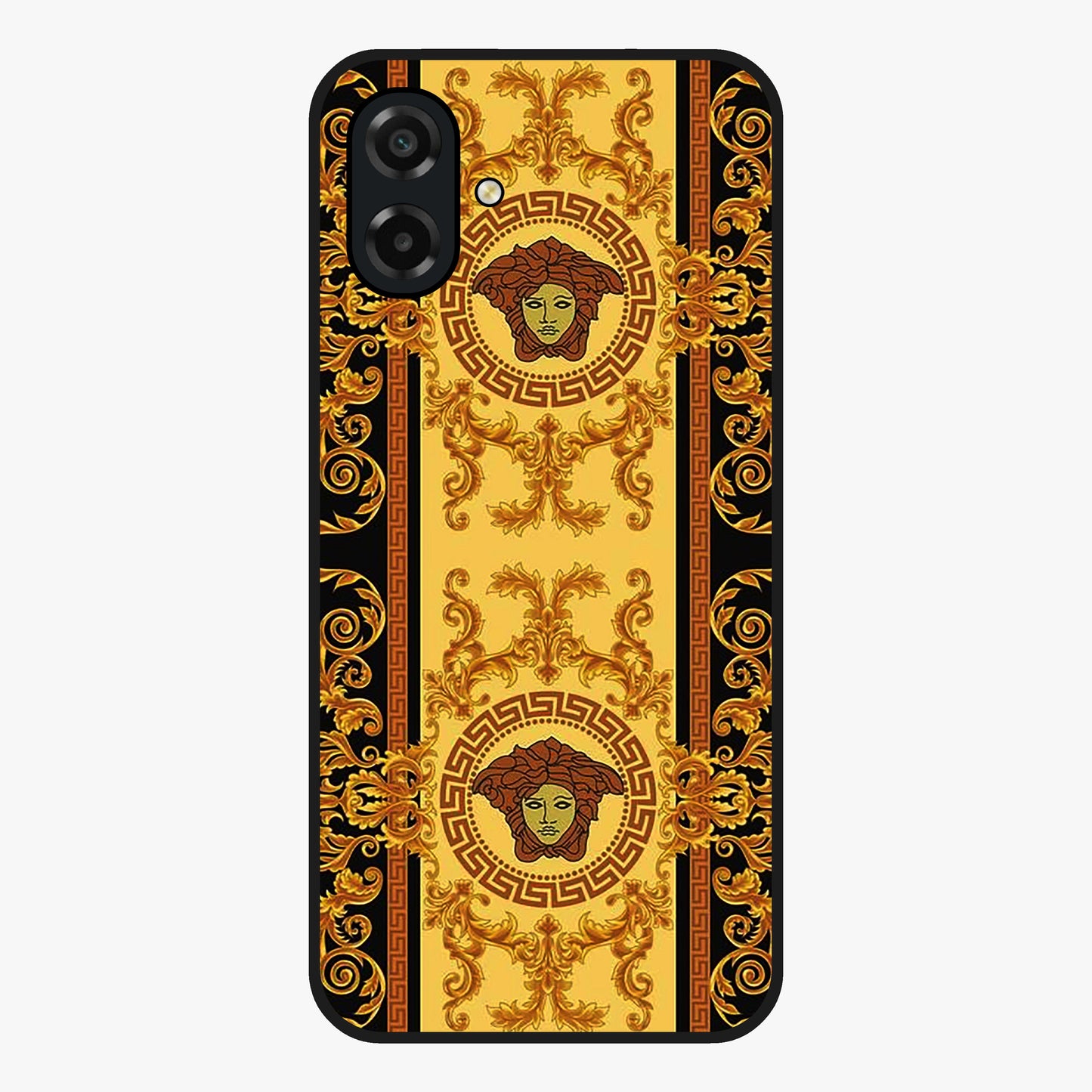 Golden Royal Heritage Glass Case showing flat back view with ornate royal pattern artwork and glossy glass finish.