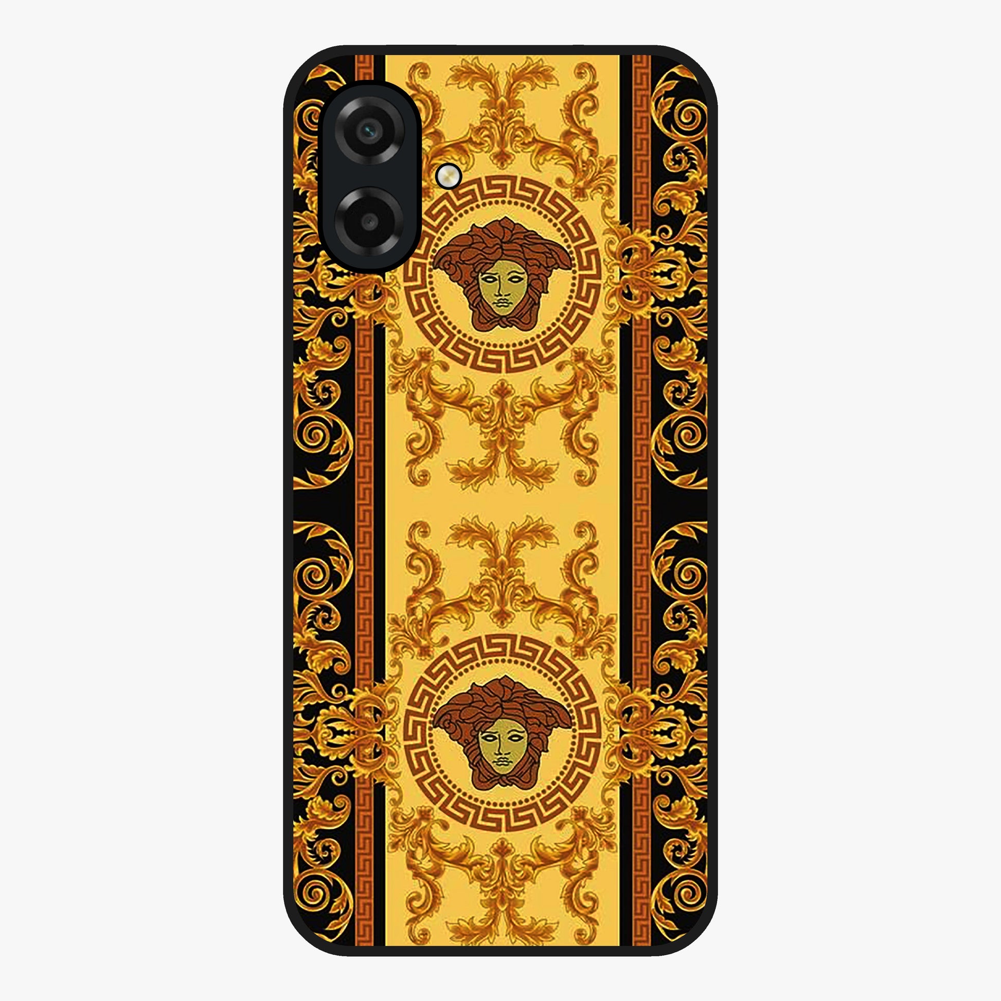 Golden Royal Heritage Glass Case showing flat back view with ornate royal pattern artwork and glossy glass finish.