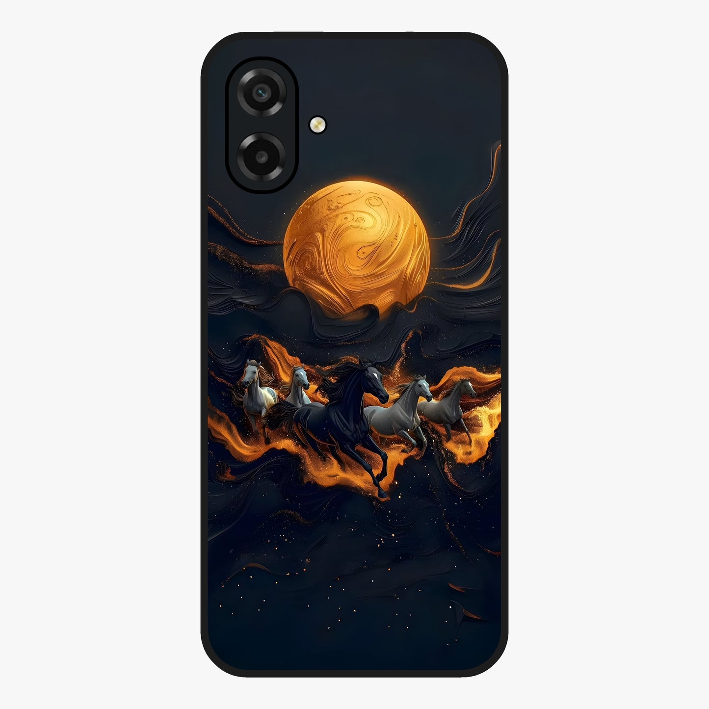 Golden Stallion Moonride Glass Case showing flat back view with majestic horse under moonlight artwork and glossy glass finish.