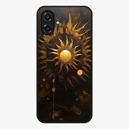 Golden Sun Majesty Glass Case showing flat back view with radiant golden sun artwork and glossy glass finish.