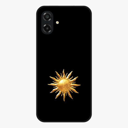 Golden Sun Minimalism Glass Case showing flat back view with minimal golden sun artwork and glossy glass finish.