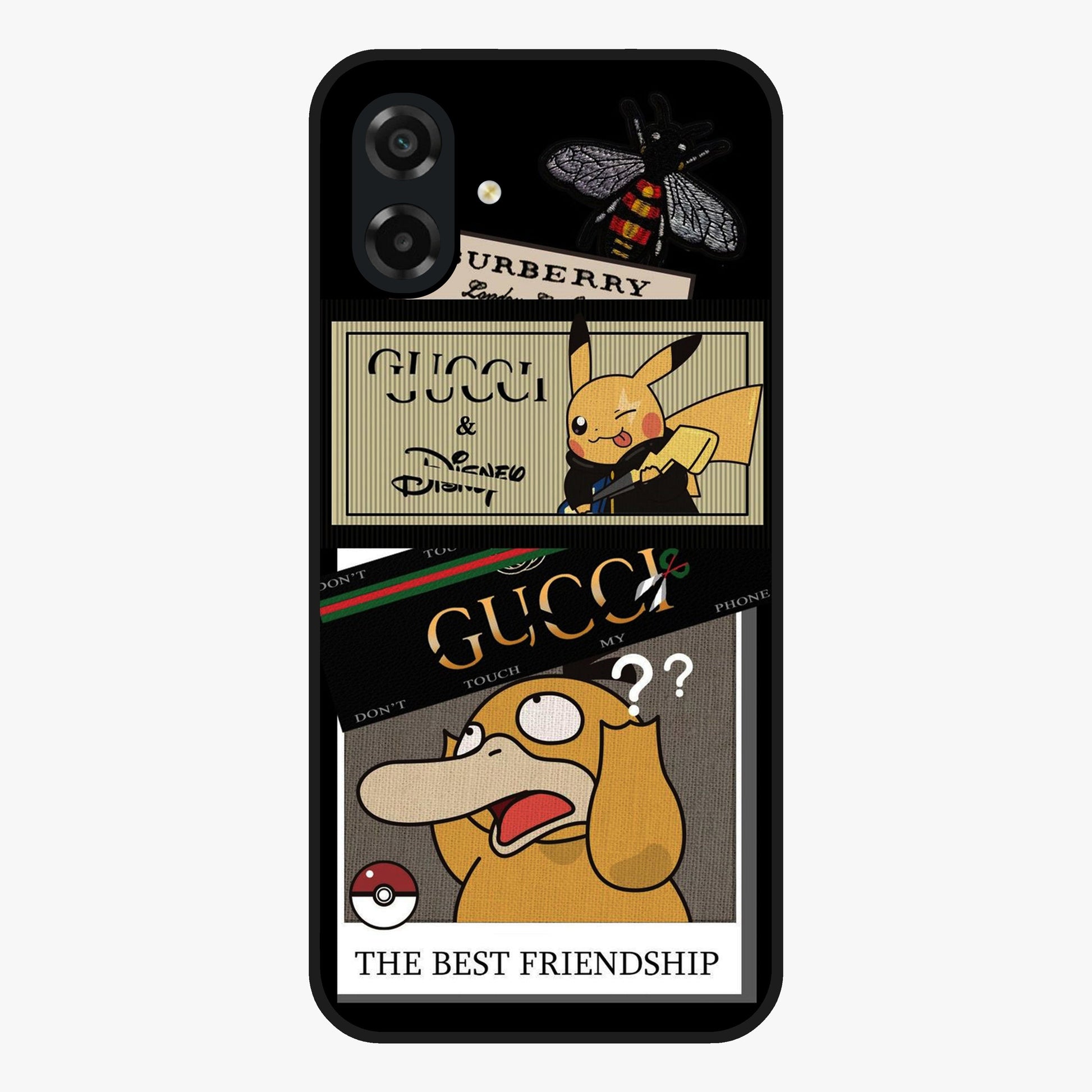 Gucci Play Mashup Glass Case showing flat back view with luxury inspired graphic artwork and glossy glass finish.