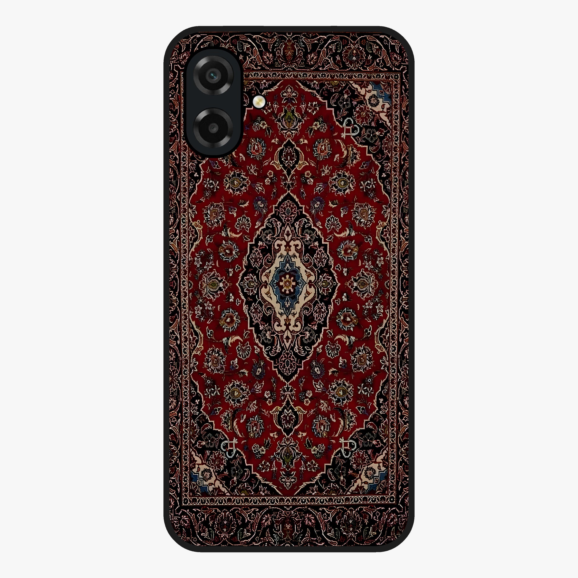 Heritage Carpet Royale Glass Case showing flat back view with ornate Persian carpet inspired pattern and glossy glass finish.