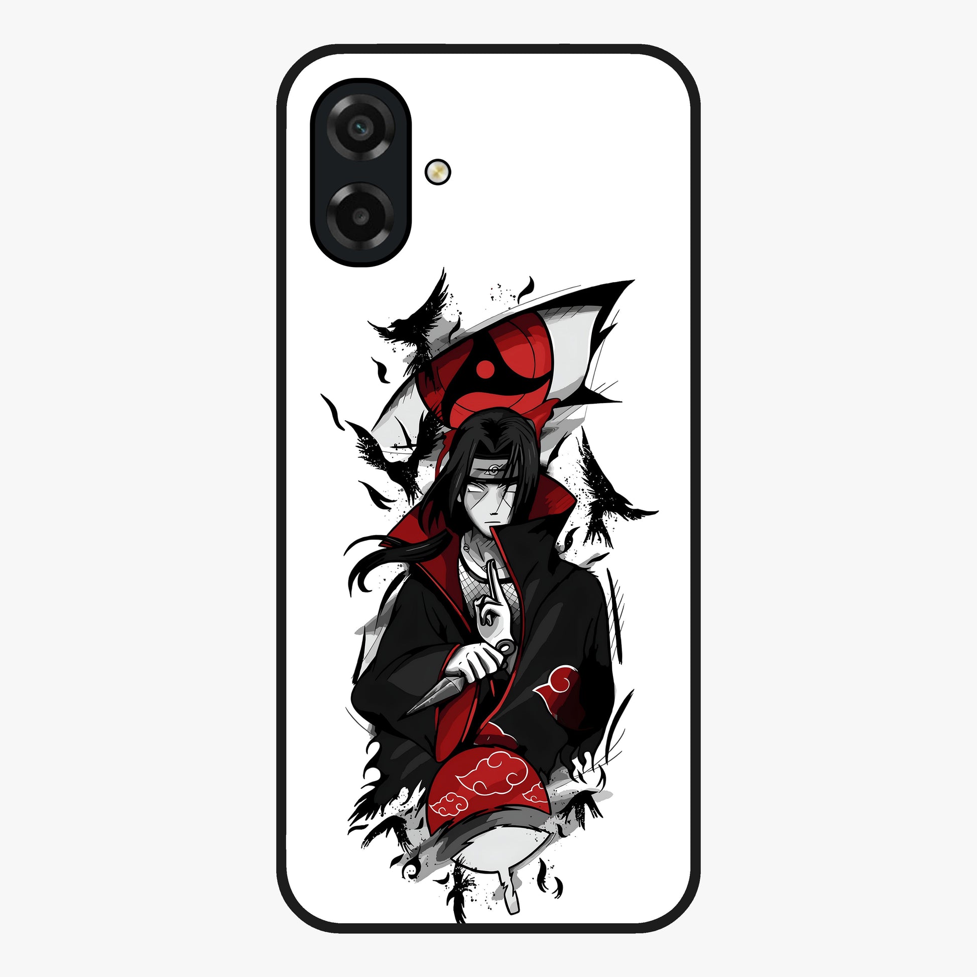 Itachi Sharingan Glass Case showing flat back view with powerful anime eye artwork and glossy glass finish.