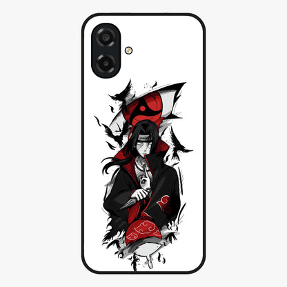 Itachi Sharingan Glass Case showing flat back view with powerful anime eye artwork and glossy glass finish.