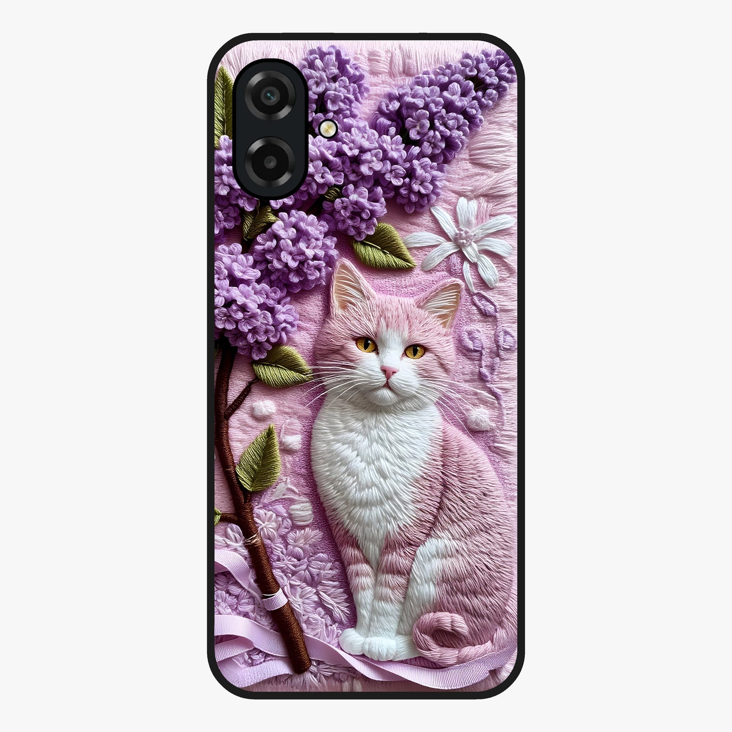 Lavender Cat Whimsy Glass Case showing flat back view with cute lavender cat artwork and glossy glass finish.