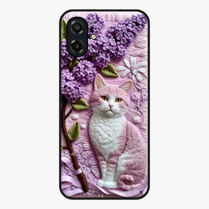 Lavender Cat Whimsy Glass Case showing flat back view with cute lavender cat artwork and glossy glass finish.