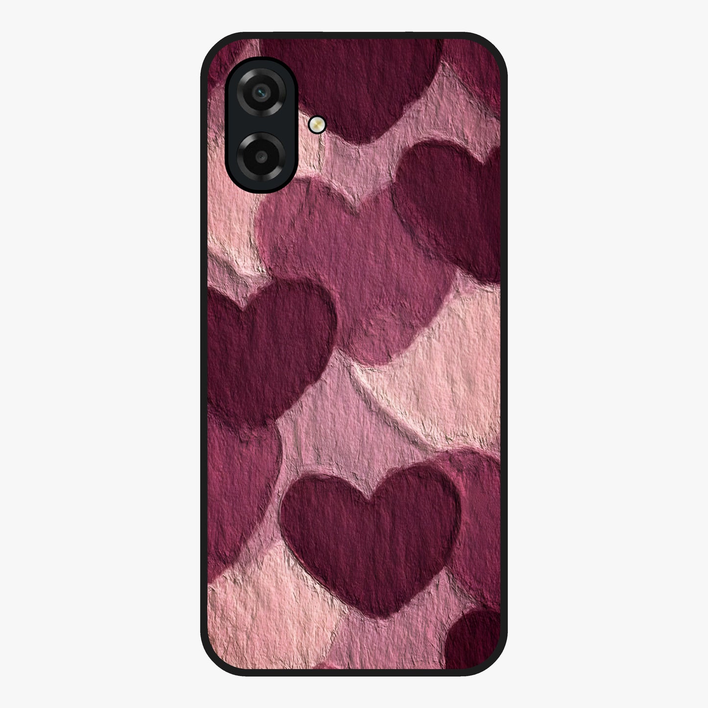 Layered Paper Hearts Glass Case showing flat back view with layered paper heart artwork and glossy glass finish.