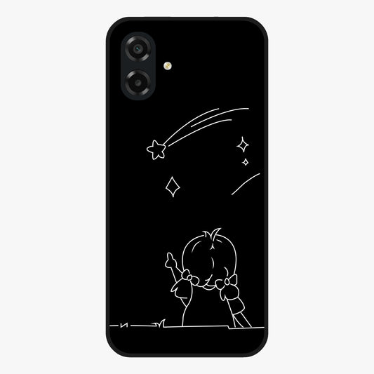 Line Art Girl With Shooting Stars Glass Case showing flat back view with minimal line art girl and shooting stars illustration and glossy glass finish.
