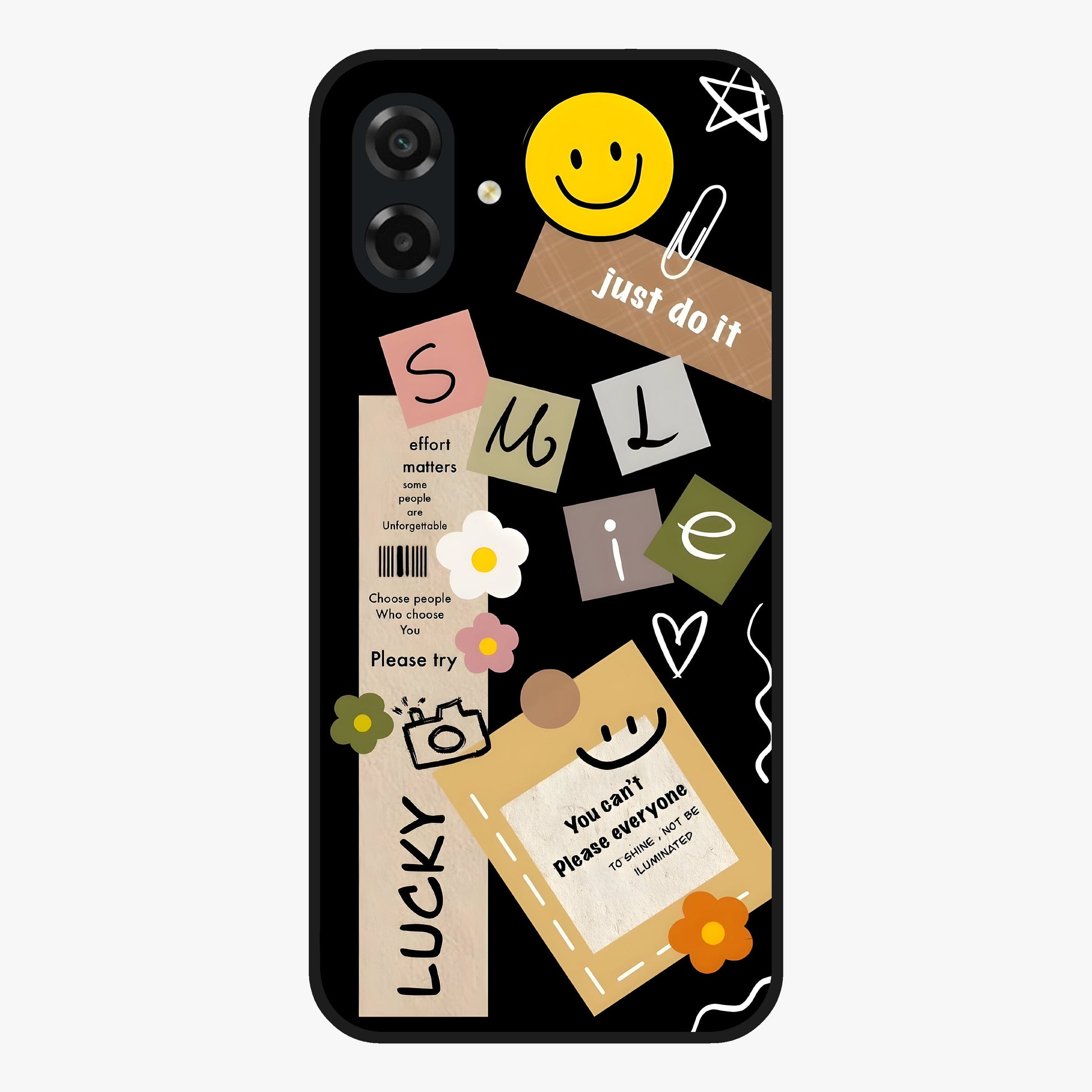 Lucky Aesthetic Collage Glass Case showing flat back view with trendy aesthetic collage artwork and glossy glass finish.