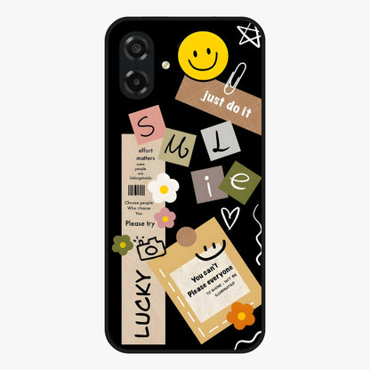 Lucky Aesthetic Collage Glass Case showing flat back view with trendy aesthetic collage artwork and glossy glass finish.