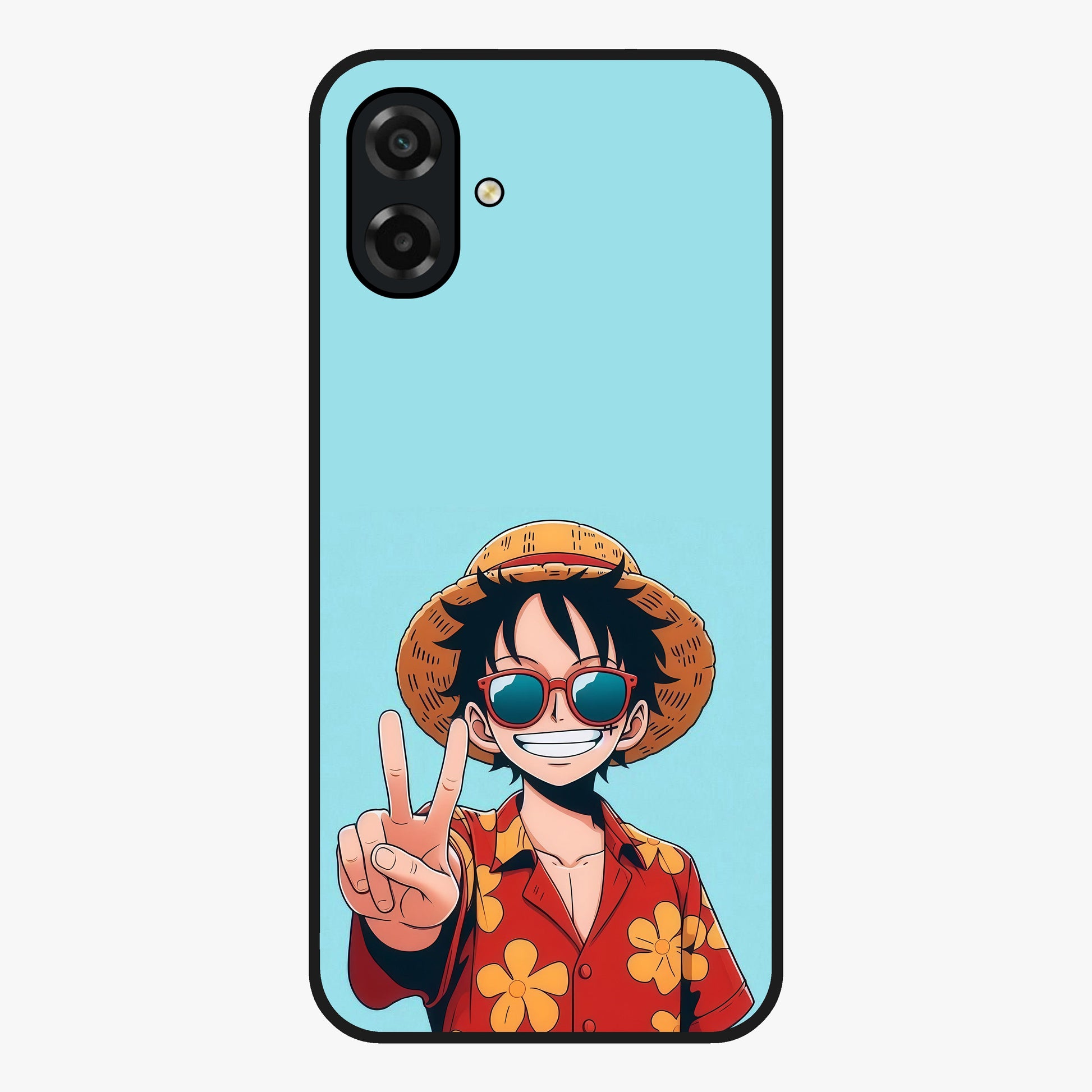 Luffy Summer Anime Vibe Glass Case showing flat back view with vibrant anime character artwork and glossy glass finish.