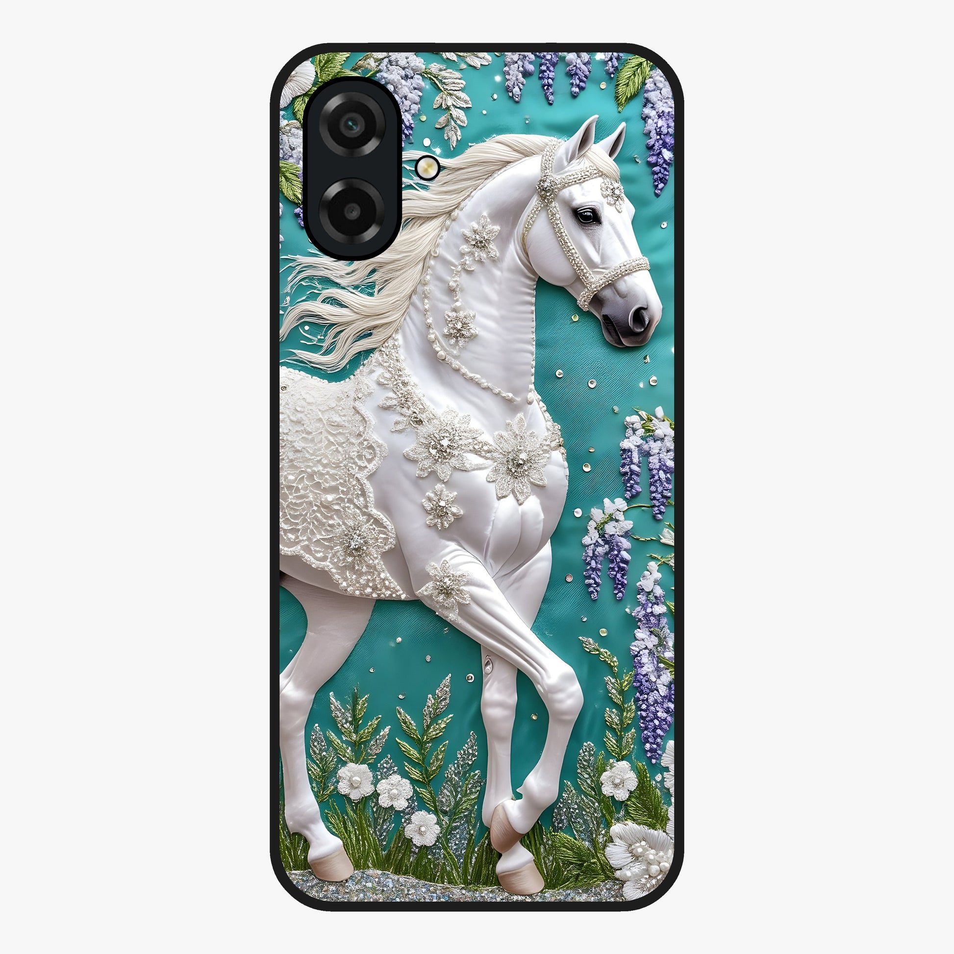 Majestic Floral Stallion Glass Case showing flat back view with powerful horse and floral artwork and glossy glass finish.