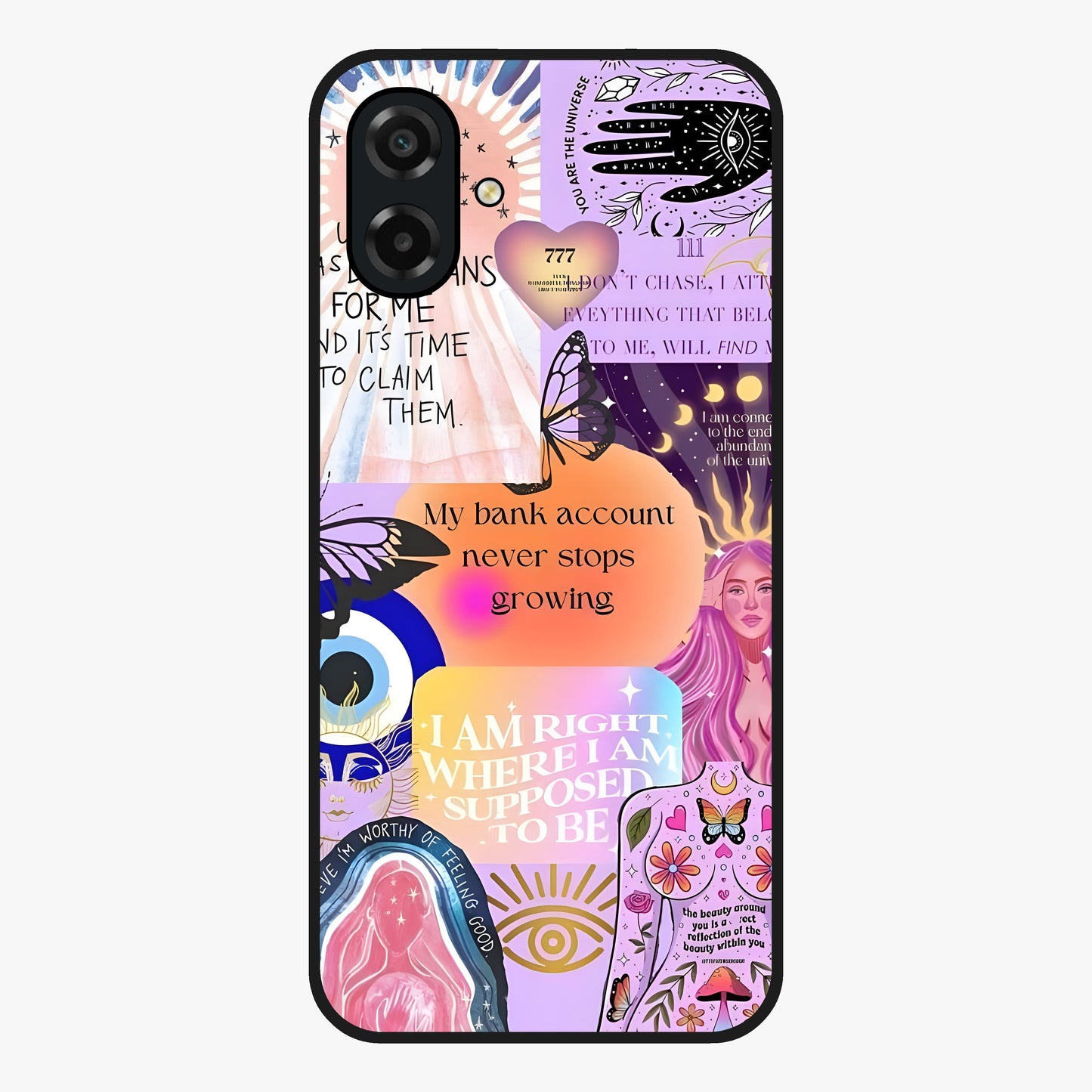 Manifestation Collage Glass Case showing flat back view with motivational collage artwork and glossy glass finish.